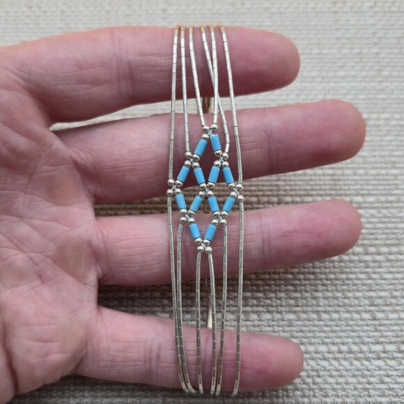 8 Inch Sterling Silver Turquoise Stone Pattern Liquid Silver Bracelet B711 - Picture 1 of 7